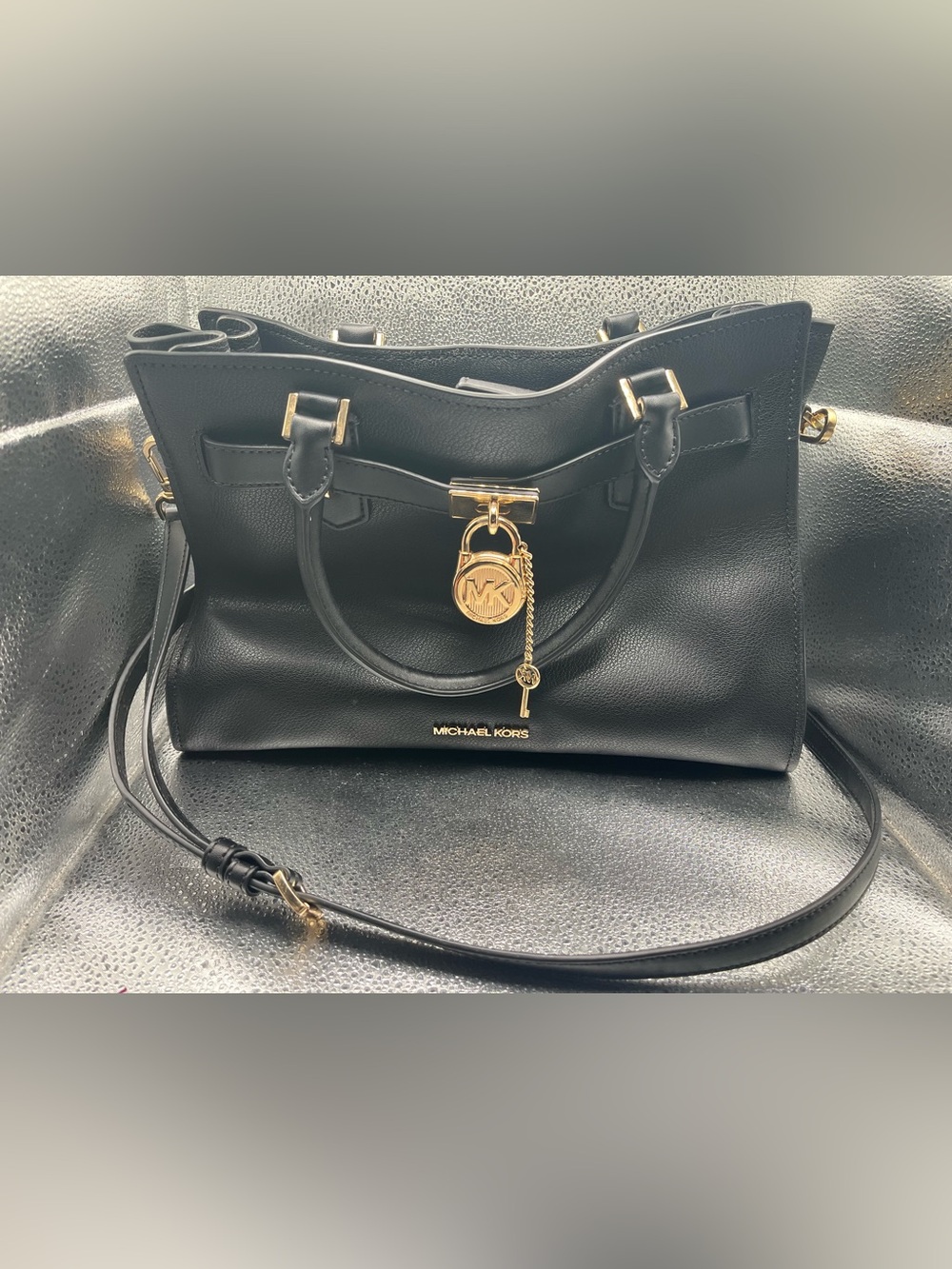 Michael Kors Medium Hamilton Black Leather Satchel Gold Hardware